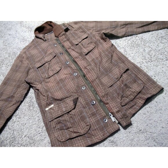 Share Marc Ecko VTG 2000's Brown & Blue Plaid Coat Military Jacket Men's sz M - Picture 1 of 16